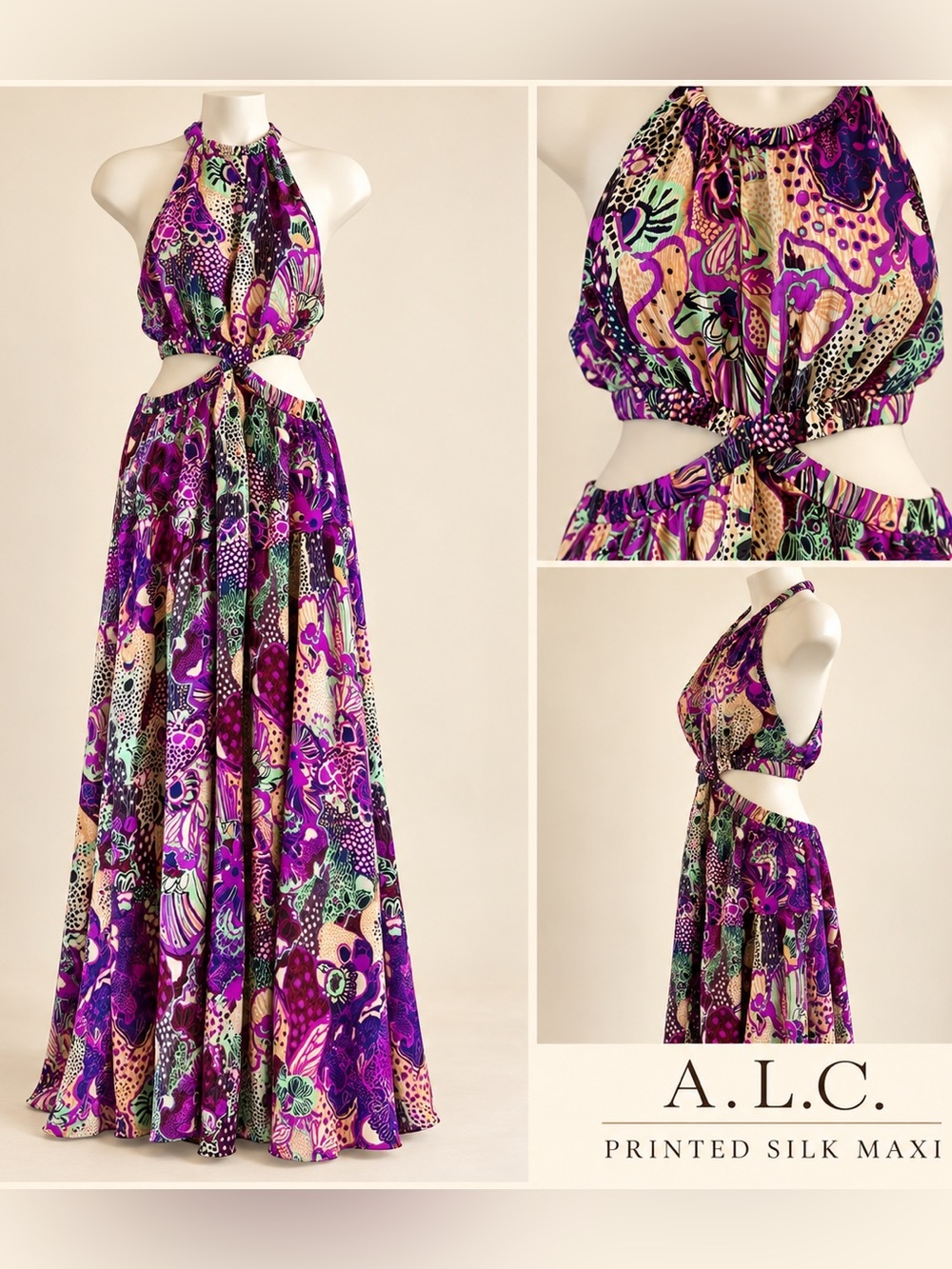 A.L.C. Waverly 100% Silk Floral Halter Cutout Maxi Dress Purple Size 4